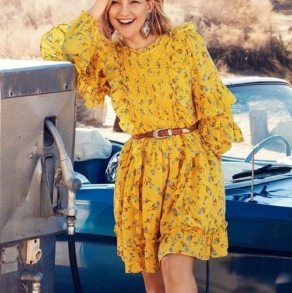 Happy Nature XXS Yellow Floral Ruffle Long Sleeve‎ Dress
